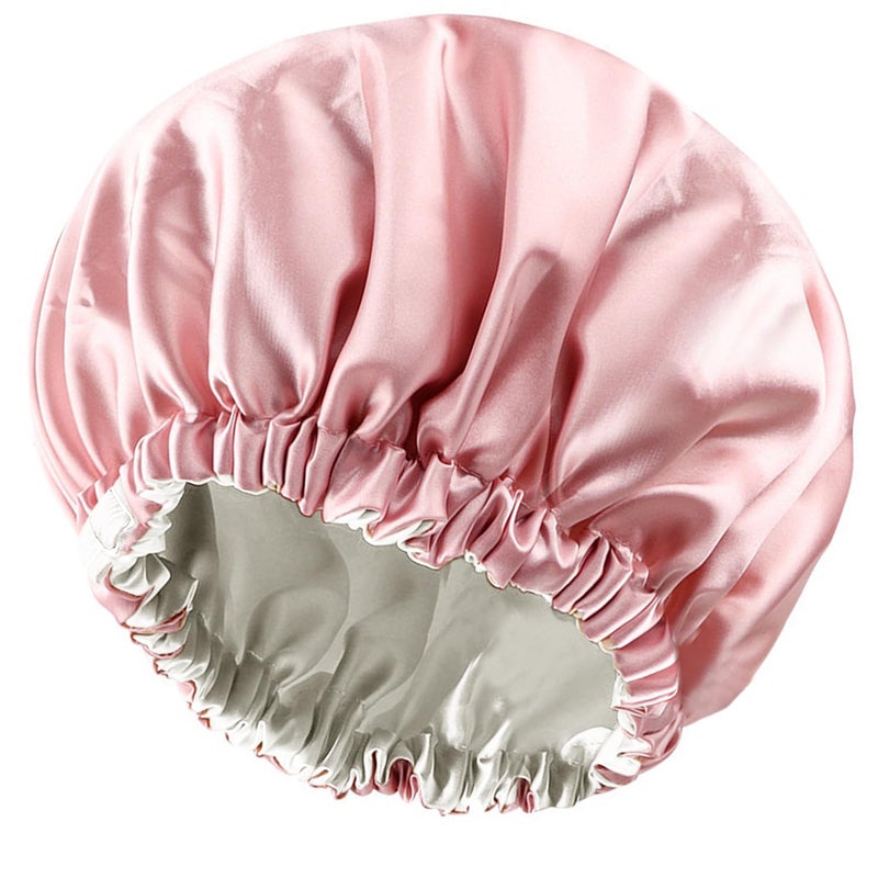Amamba Shower Caps,100% Real Satin Lined Shower Cap,Extra Large Shower Cap for Women Reusable Waterproof,Adjustable Size&Long Hair Bath Caps（Pink） - Image 1